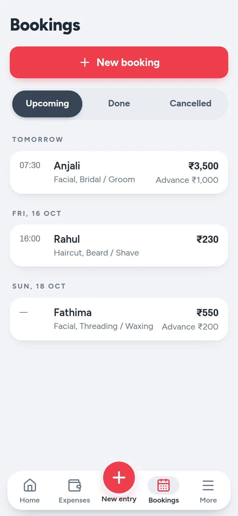 Bookings list: Anjali, Facial and Bridal ₹3,500 with ₹1,000 advance, tomorrow at 7:30