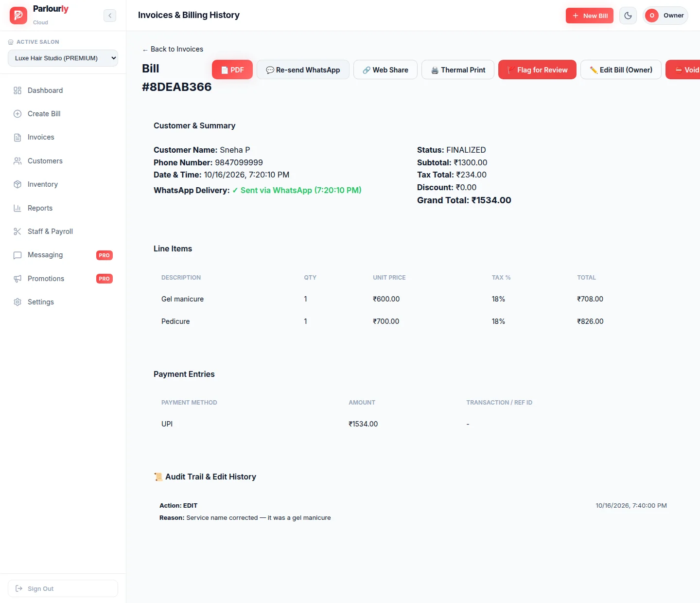 Bill details with owner-only Edit and Void buttons and an audit trail entry: Action EDIT, reason Service name corrected — it was a gel manicure