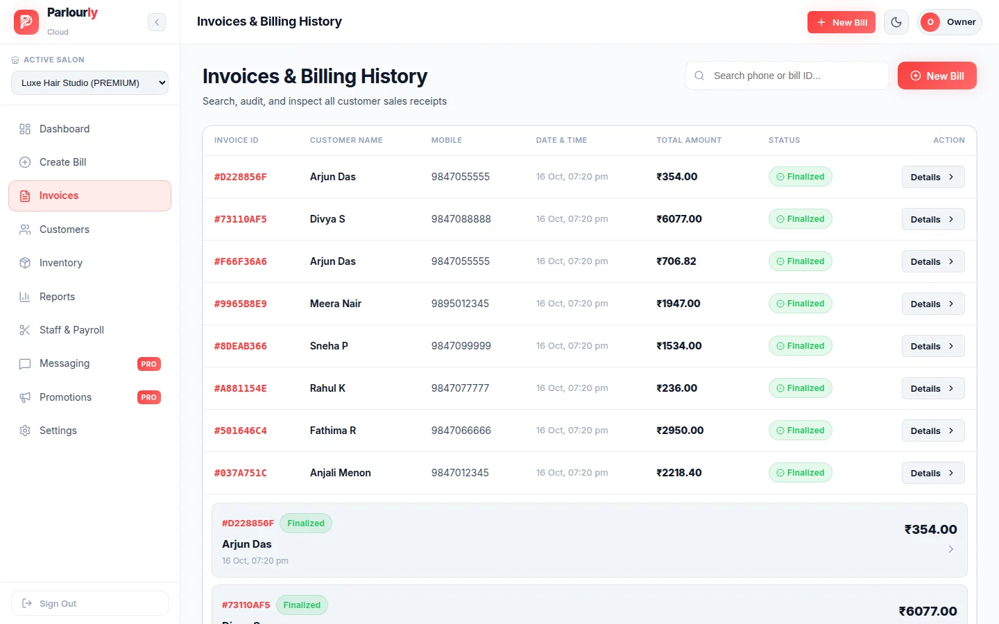 Invoices list with bill numbers, customers, times, amounts and status