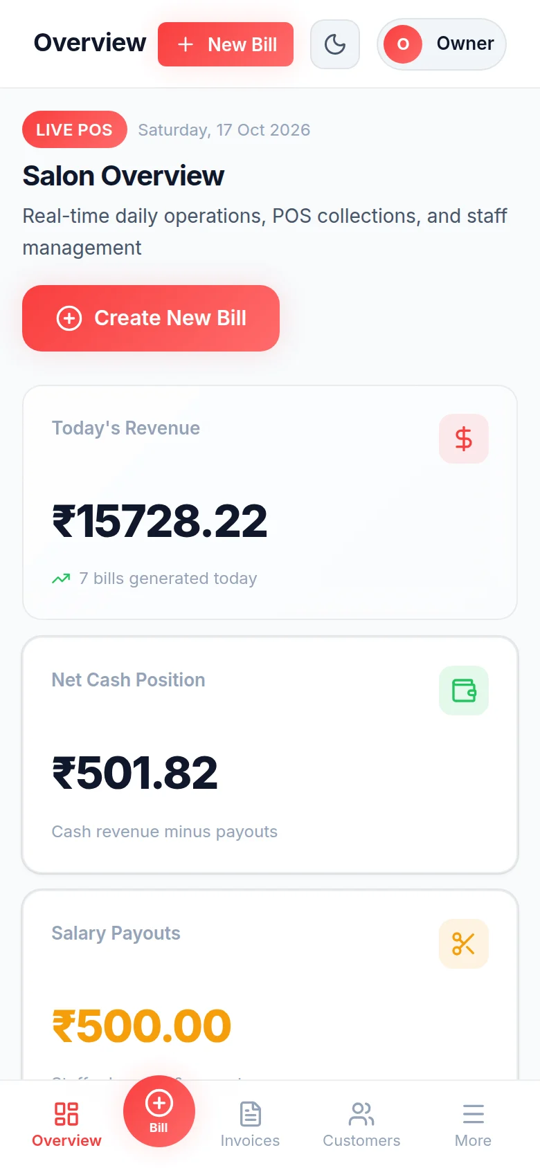 Parlourly Cloud on a phone: today's revenue, net cash and salary payouts