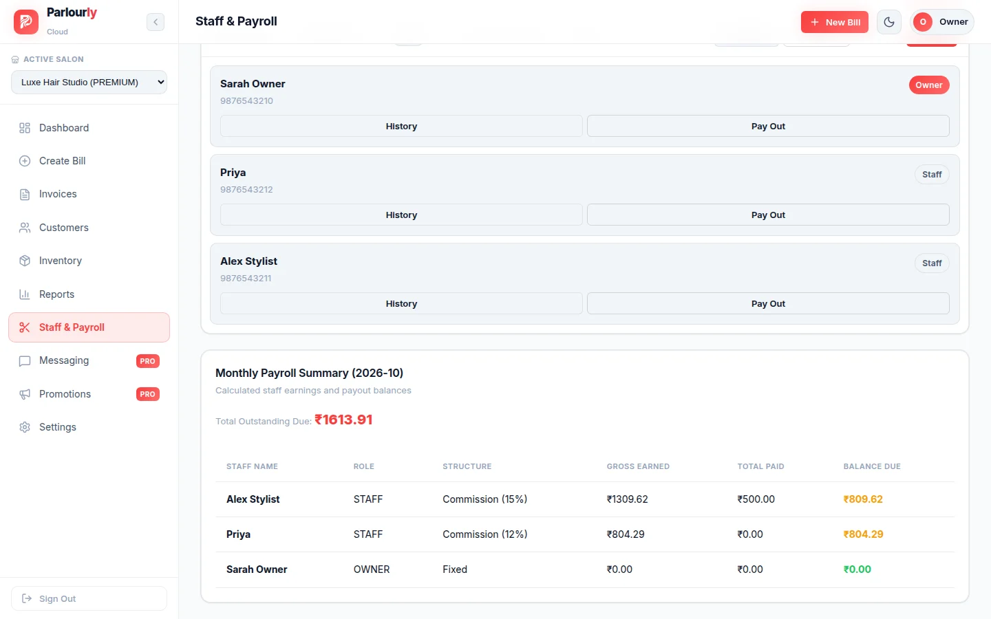Monthly payroll summary: commission earned by each stylist, payouts and balance due