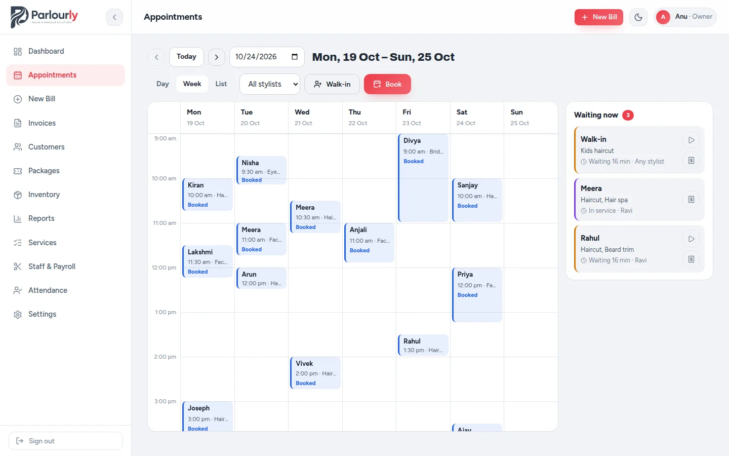 Week view of the appointments calendar with the week's bookings