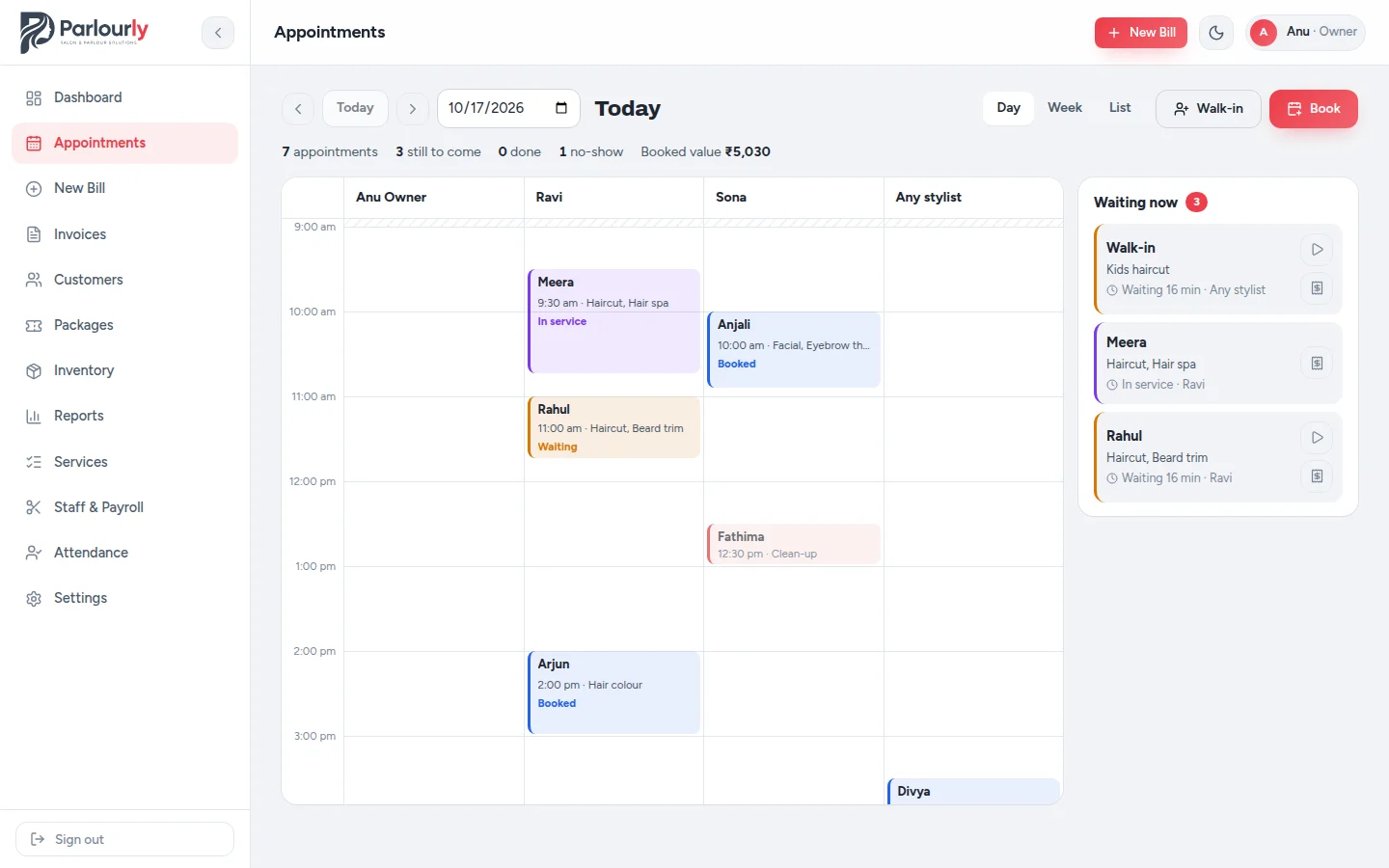 Appointments calendar for today with columns for each stylist — Meera at 9:30 with Ravi, Anjali at 10:00 with Sona — and a Waiting now queue of three customers