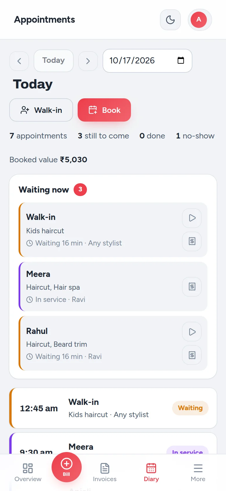 Parlourly on a phone: today's appointments and the walk-in queue