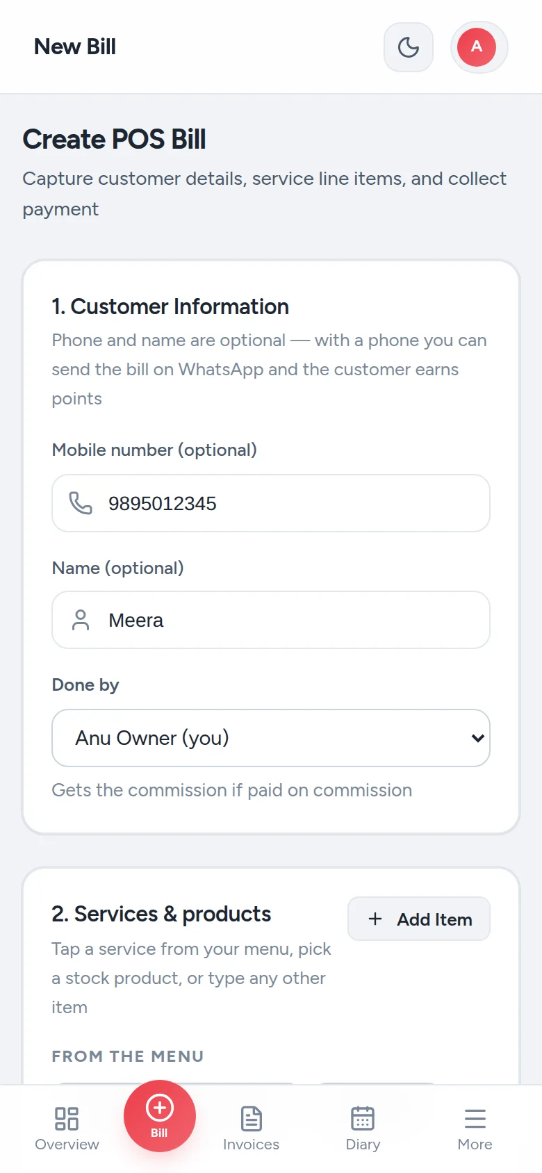 Parlourly on a phone: making a new bill