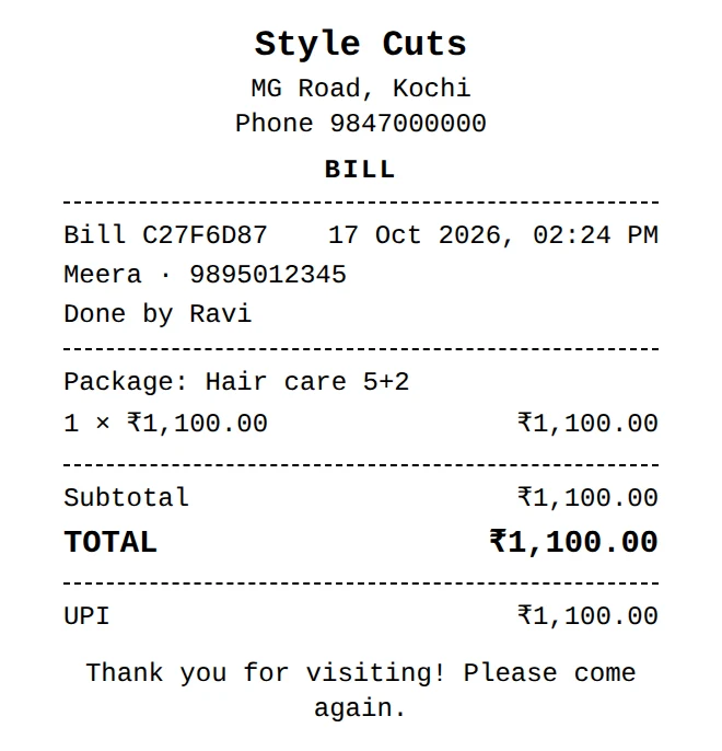 80 mm receipt from Style Cuts for Meera, package Hair care 5+2, total ₹1,100, paid by UPI