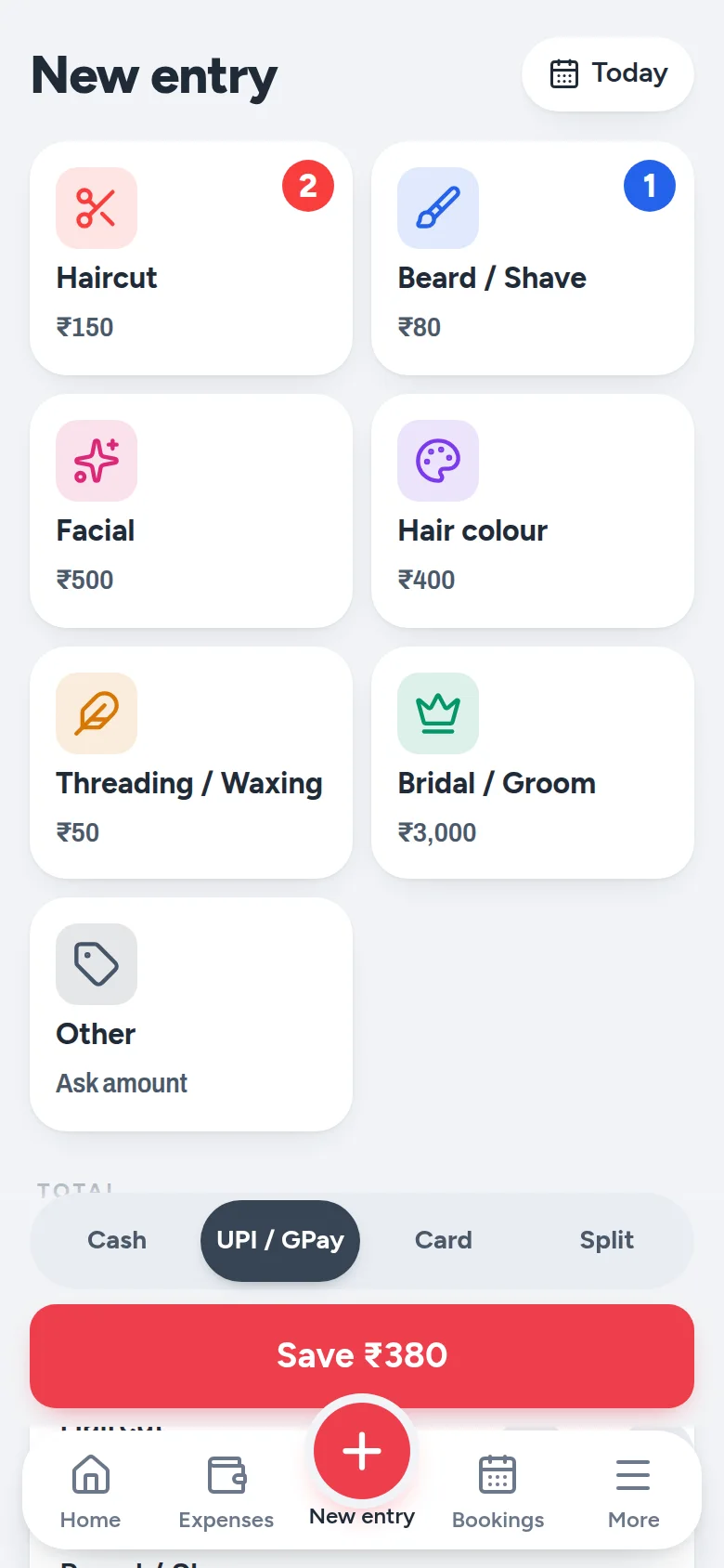 New entry screen with service buttons Haircut ₹150, Beard ₹80, Facial ₹500 and a Save button