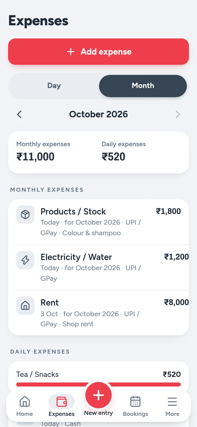 Expenses for October: monthly ₹11,000 — rent, electricity, products — and daily ₹520 for tea and snacks